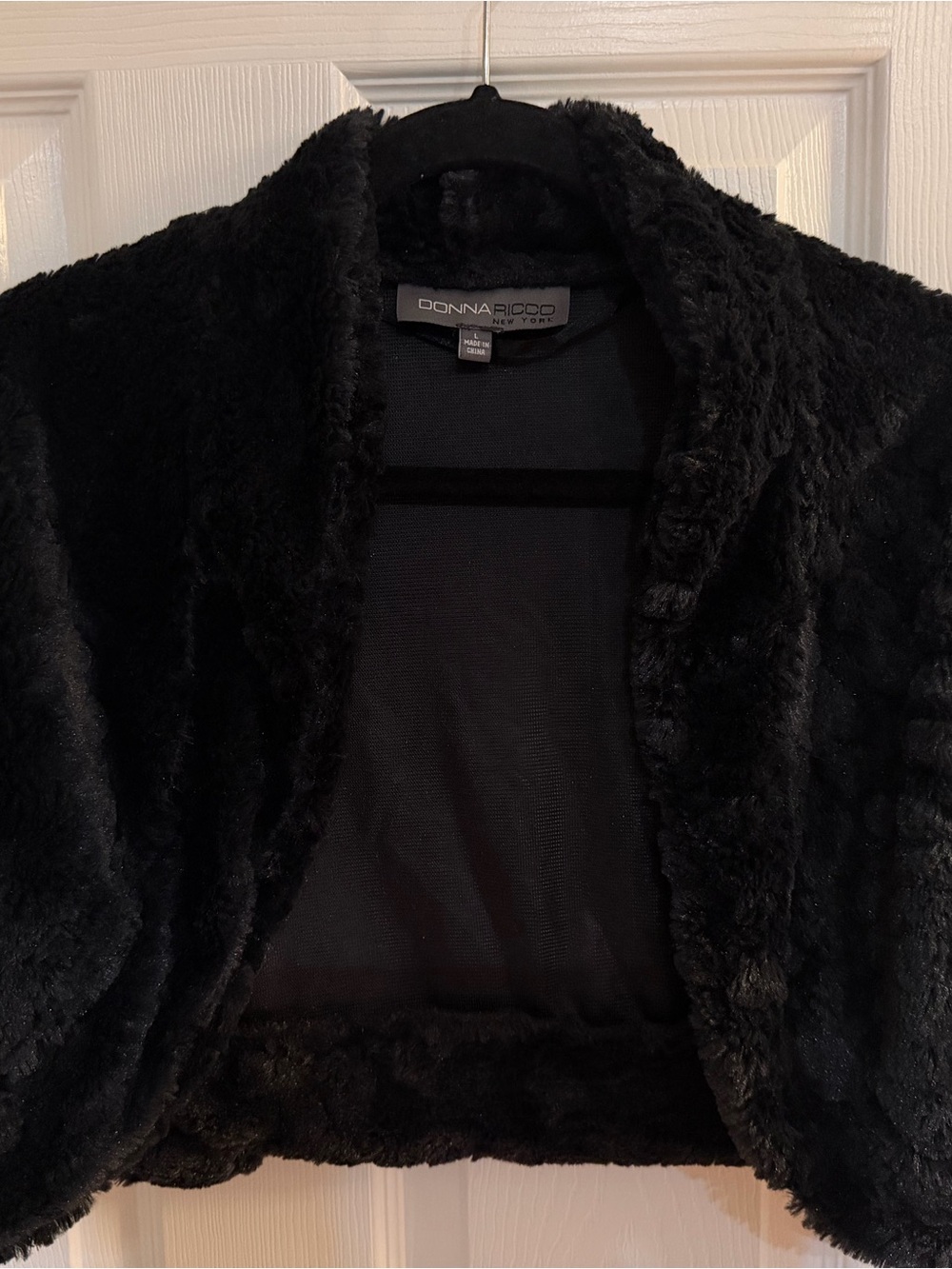 Donna Ricco Black Plush Faux-Fur Open-Front Jacket
